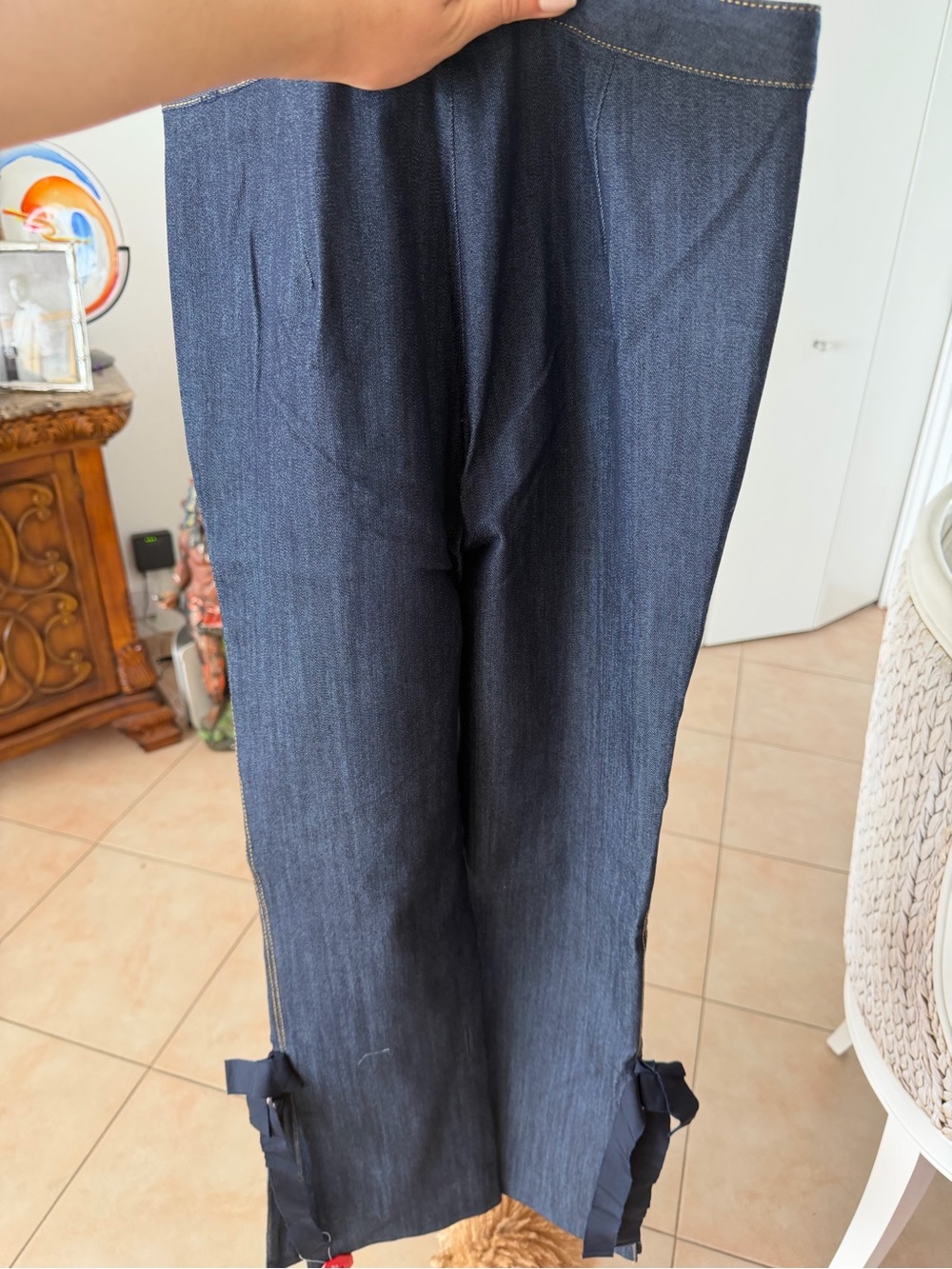 Women's Cinq a sept Dark Blue Denim Cropped Pants with Side Ties